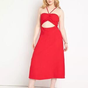 size 18/20 Eloquii red midi dress, ruched bust, front cut out, NEW